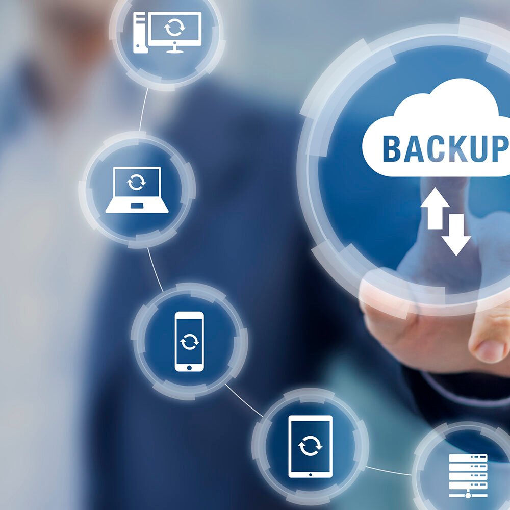 Backup files and data on internet with cloud storage technology that sync all online devices and computers with network connection, protection against loss, business person touch screen icon concept